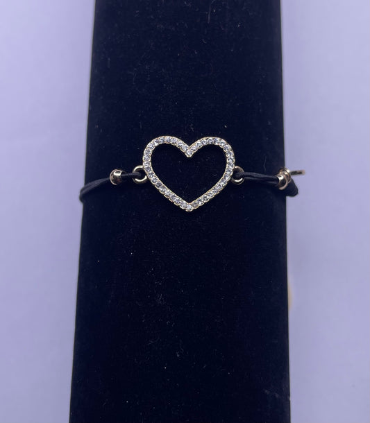 QEMD Stainless steel bracelet, gold diamond heart around, Adjustable black color rope, gift. Bracelet en acier inoxydable, coeur en or diamant au tour,Corde couleur noir ajustable, cadeau Nice