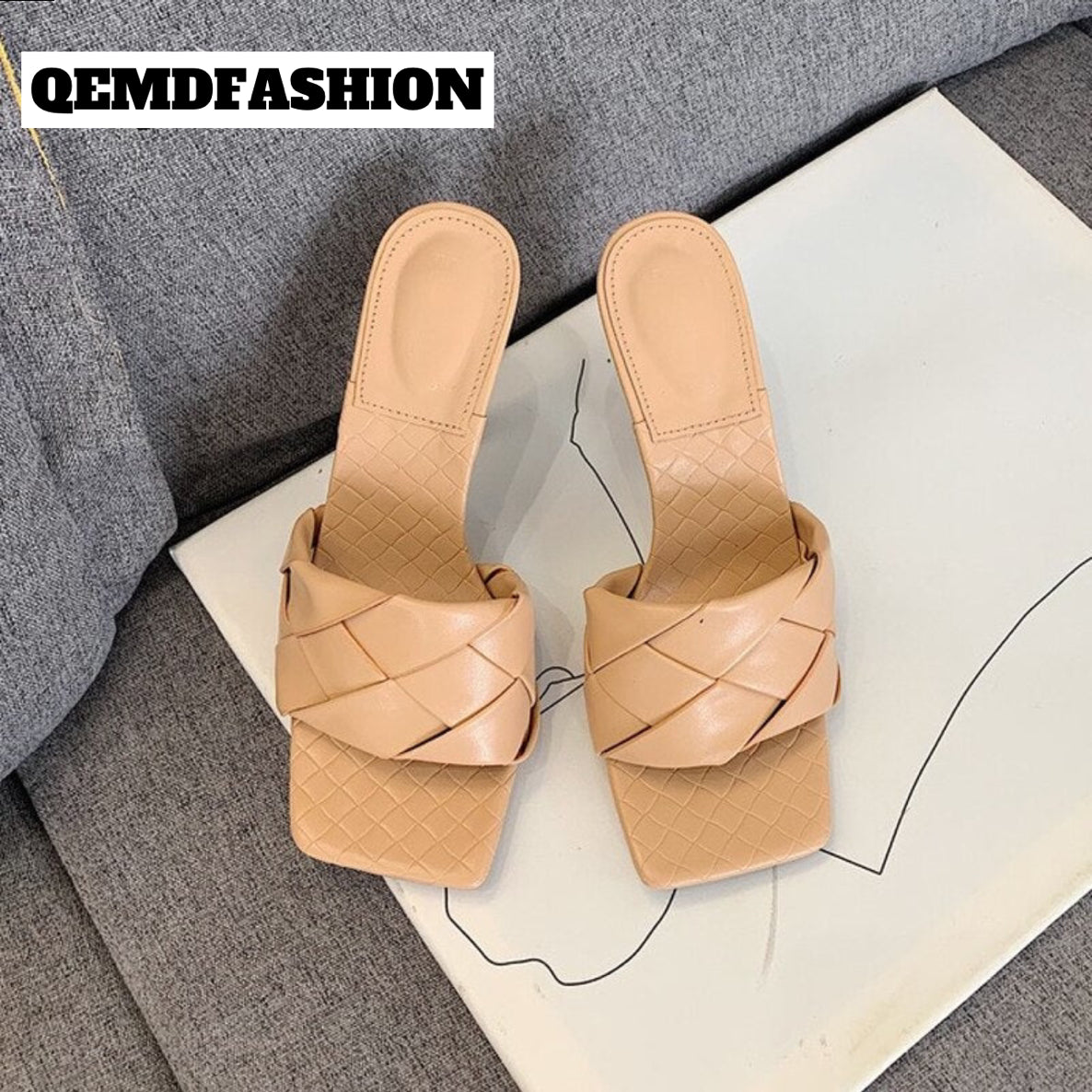 QEMD New Design Women Slipper Square Toe High Heel Ladies Sandal Weave High Quality Dress Shoes Slides Size 41 Pantoufle bout carré talon haut dames sandale armure haute qualité chaussures habillées diapositives tail