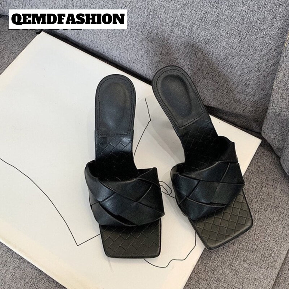 QEMD New Design Women Slipper Square Toe High Heel Ladies Sandal Weave High Quality Dress Shoes Slides Size 41 Pantoufle bout carré talon haut dames sandale armure haute qualité chaussures habillées diapositives tail