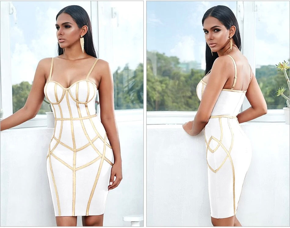 QEMD New Summer Bodycon Bandage Dress Women Sexy Spaghetti Strap Sleeveless Club Knee Length Celebrity Evening Party Dress.Nouveau Sexy célébrité robe de pansement femmes Spaghetti sangle sans manches moulante soirée robe de