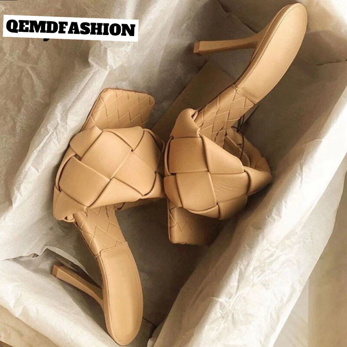 QEMD New Design Women Slipper Square Toe High Heel Ladies Sandal Weave High Quality Dress Shoes Slides Size 41 Pantoufle bout carré talon haut dames sandale armure haute qualité chaussures habillées diapositives tail