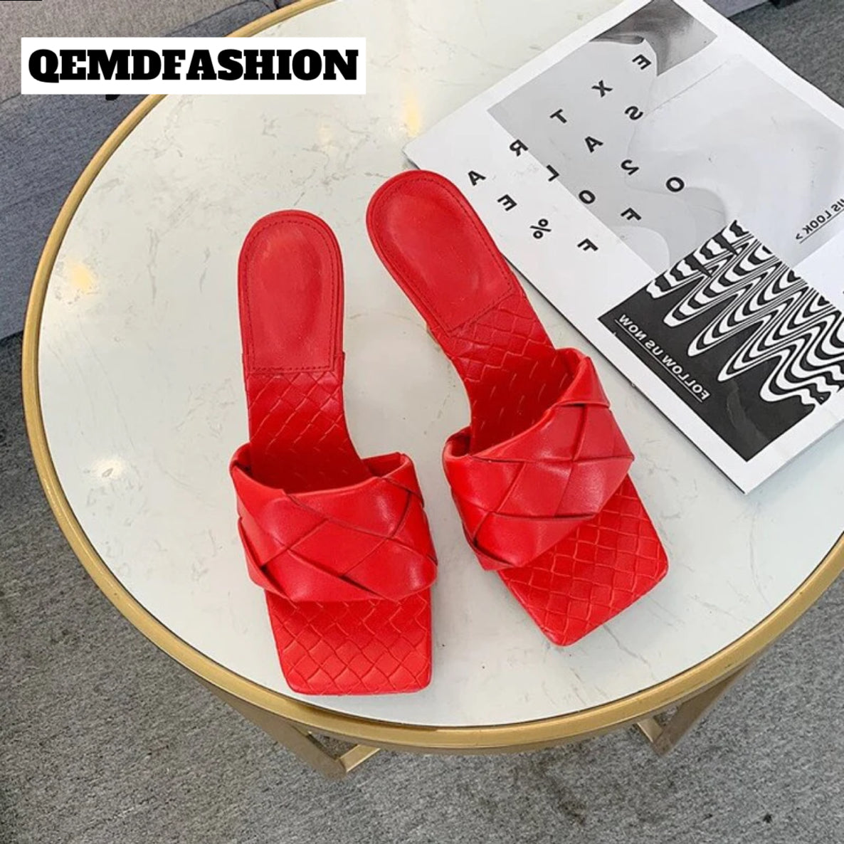 QEMD New Design Women Slipper Square Toe High Heel Ladies Sandal Weave High Quality Dress Shoes Slides Size 41 Pantoufle bout carré talon haut dames sandale armure haute qualité chaussures habillées diapositives tail