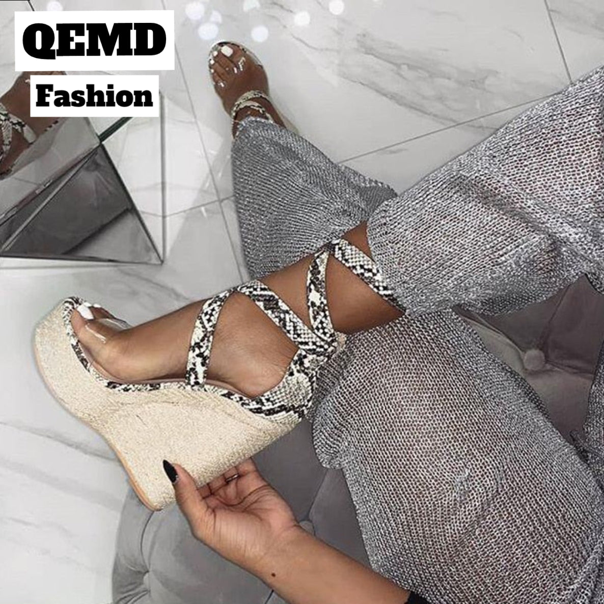 QEMD Women Platform Sandals Gladiator Fashion High heels Wedges Espadrilles shoes Ladies Open toe Sandals Serpentine sandales gladiateur mode talons hauts compensées Espadrilles chaussures dames