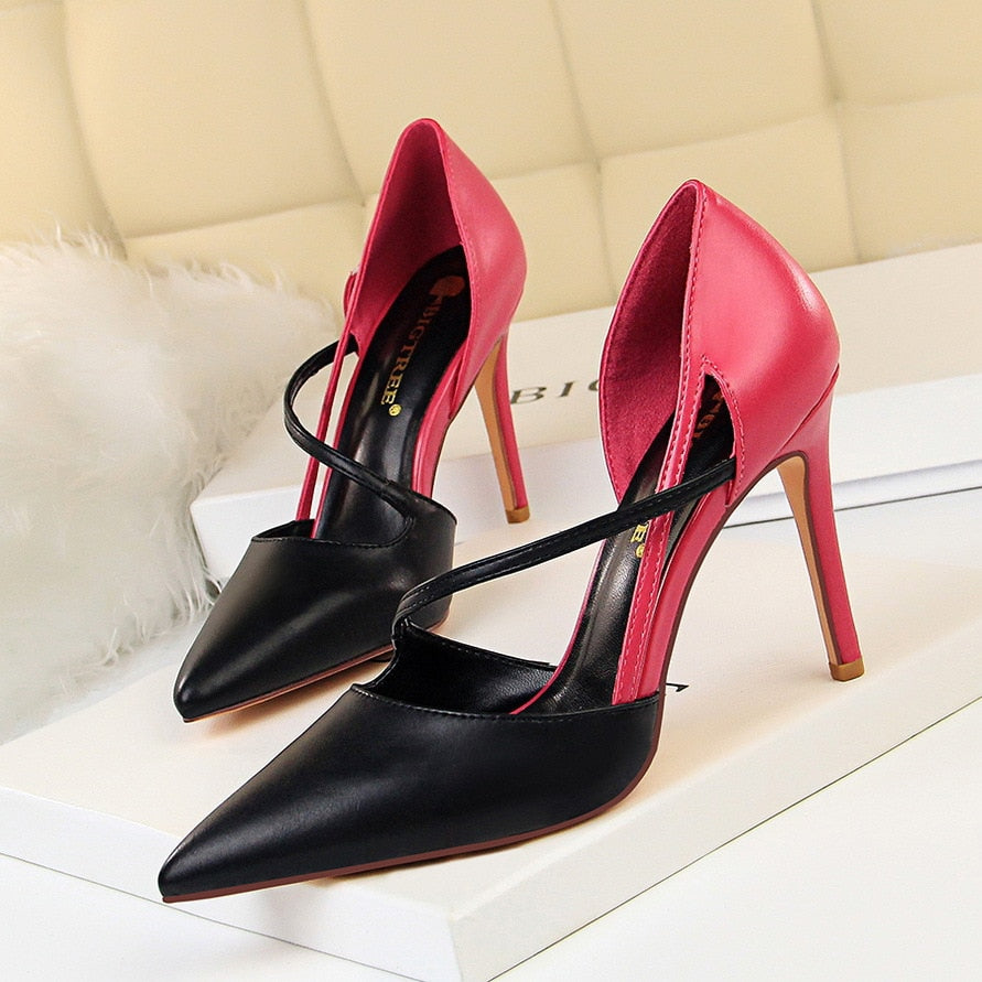 QEMD High Heel Shoes Women High Heels Shallow Mouth Pointed Mixed Colors A- line with Thin Heeled Shoes chaussures à talons hauts femmes talons hauts bouche peu profonde pointu couleurs mélangées