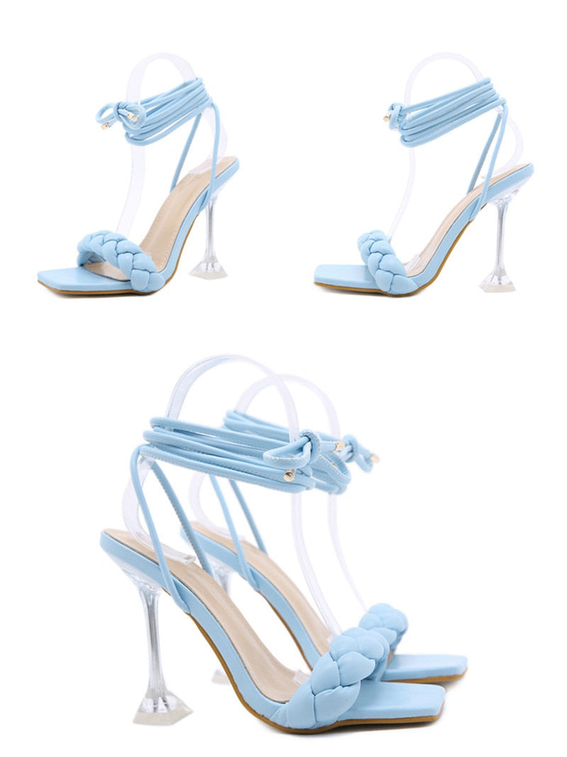 QEMD Summer Fashion Design Weave Women Sandals Transparent Strange High heels Ladies Sandals Open Toe Shoes