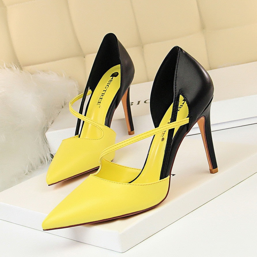 QEMD High Heel Shoes Women High Heels Shallow Mouth Pointed Mixed Colors A- line with Thin Heeled Shoes chaussures à talons hauts femmes talons hauts bouche peu profonde pointu couleurs mélangées