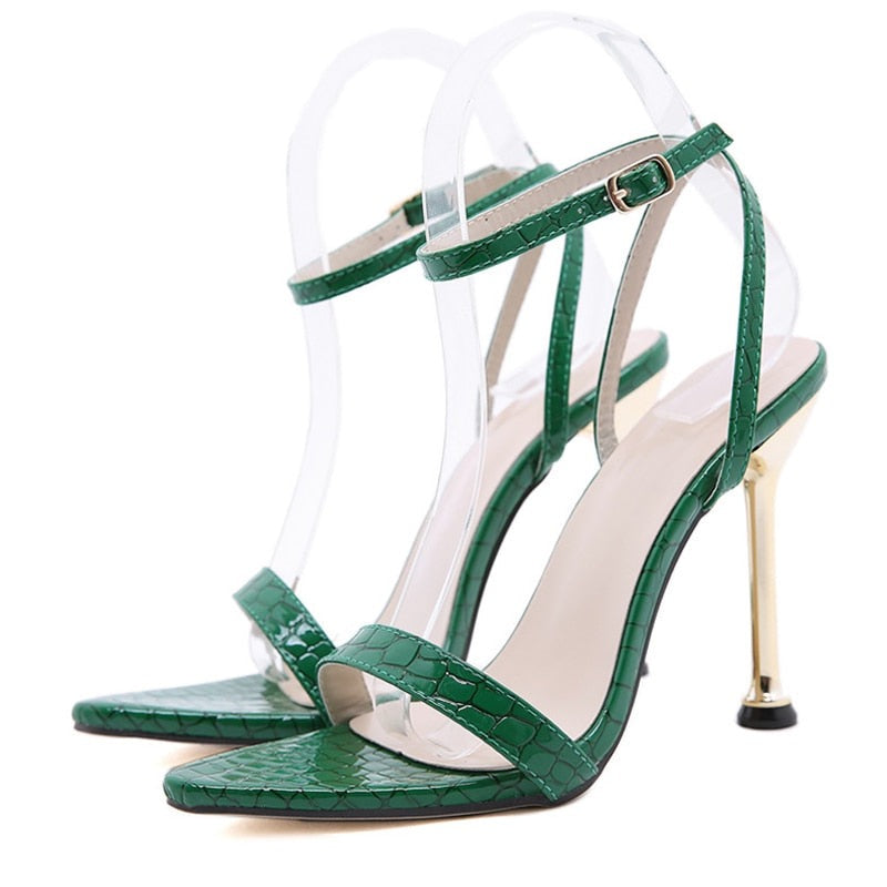 QEMD Green Women High Heels Sandals Pointed Toe Buckle Strap Party Female Shoes Sandalias mujer Sandales a Talons