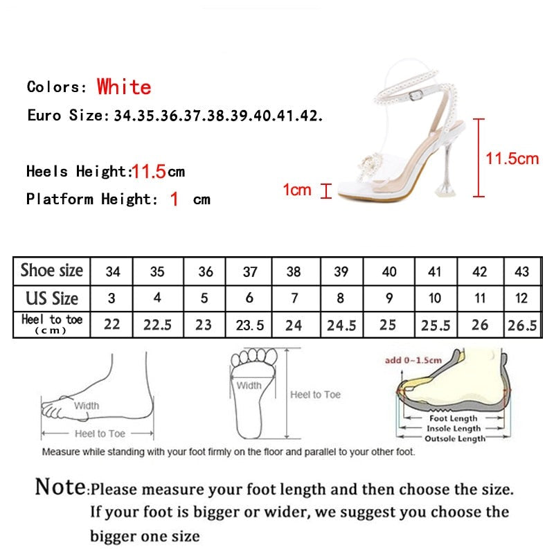 QEMD Designer Pearls Wedding Bride Women Sandals Fashion Summer Square Toe Shoes  PVC Transparent Crystal Perspex High Heels Sandales à Talons