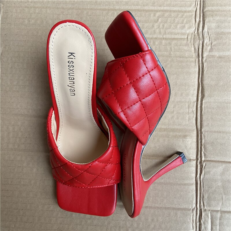 QEMD Women 9cm High Heels Mules Summer Sandals Replica Heels Slippers Prom Platform Weave Leather Shoes 9 cm talons hauts Mules été sandales réplique talons pantoufles bal plate-forme armure chaussures en cuir