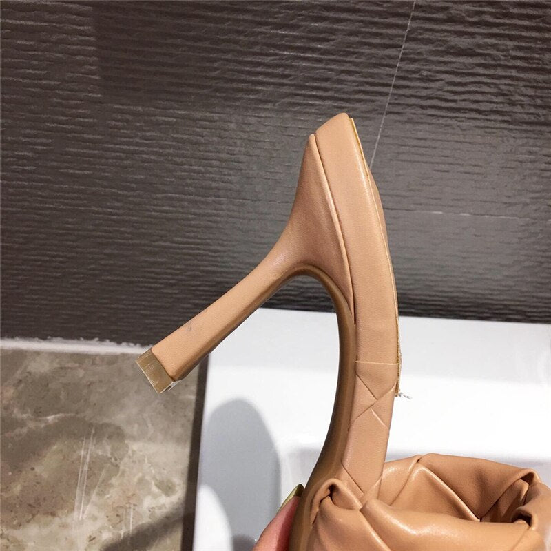 QEMD Women 9cm High Heels Mules Summer Sandals Replica Heels Slippers Prom Platform Weave Leather Shoes 9 cm talons hauts Mules été sandales réplique talons pantoufles bal plate-forme armure chaussures en cuir