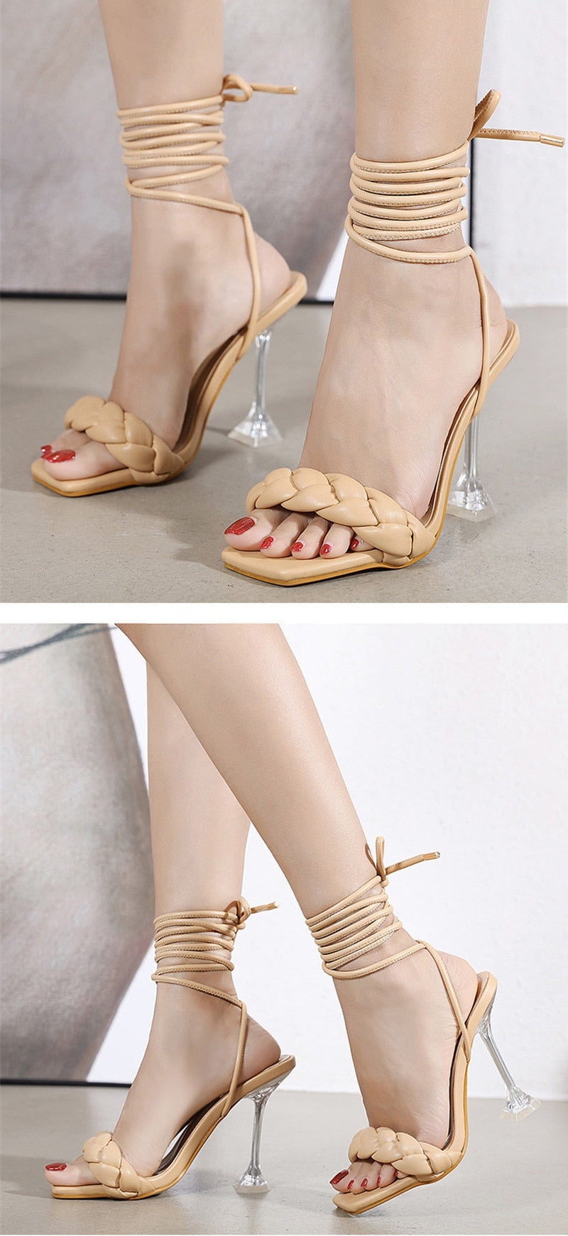 QEMD Summer Fashion Design Weave Women Sandals Transparent Strange High heels Ladies Sandals Open Toe Shoes