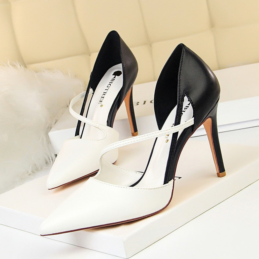 QEMD High Heel Shoes Women High Heels Shallow Mouth Pointed Mixed Colors A- line with Thin Heeled Shoes chaussures à talons hauts femmes talons hauts bouche peu profonde pointu couleurs mélangées