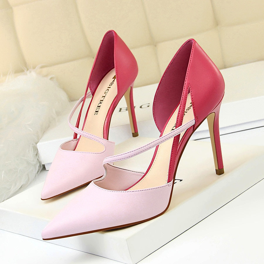 QEMD High Heel Shoes Women High Heels Shallow Mouth Pointed Mixed Colors A- line with Thin Heeled Shoes chaussures à talons hauts femmes talons hauts bouche peu profonde pointu couleurs mélangées