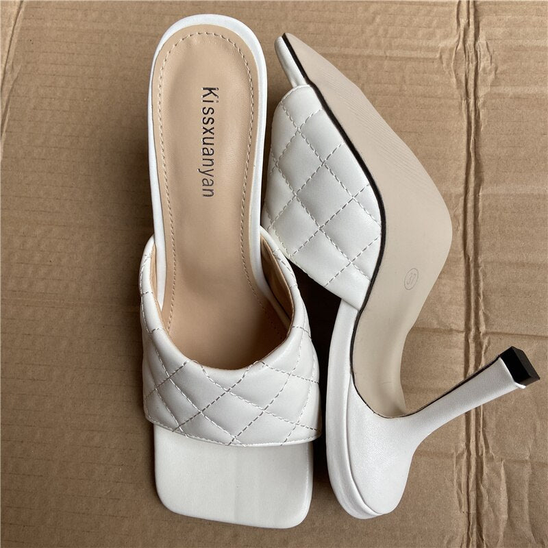 QEMD Women 9cm High Heels Mules Summer Sandals Replica Heels Slippers Prom Platform Weave Leather Shoes 9 cm talons hauts Mules été sandales réplique talons pantoufles bal plate-forme armure chaussures en cuir