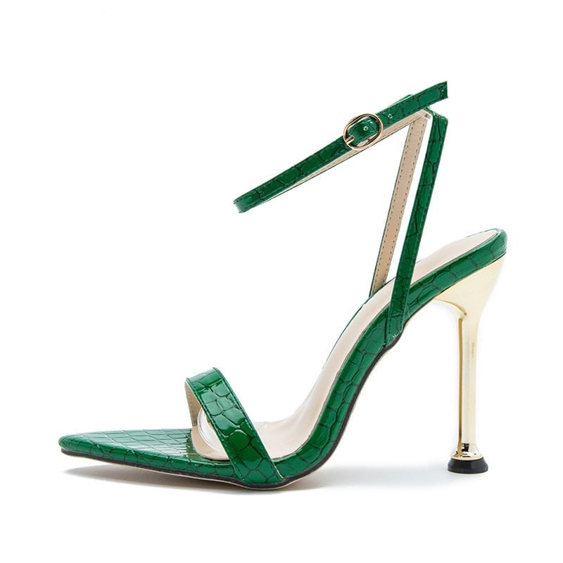 QEMD Green Women High Heels Sandals Pointed Toe Buckle Strap Party Female Shoes Sandalias mujer Sandales a Talons