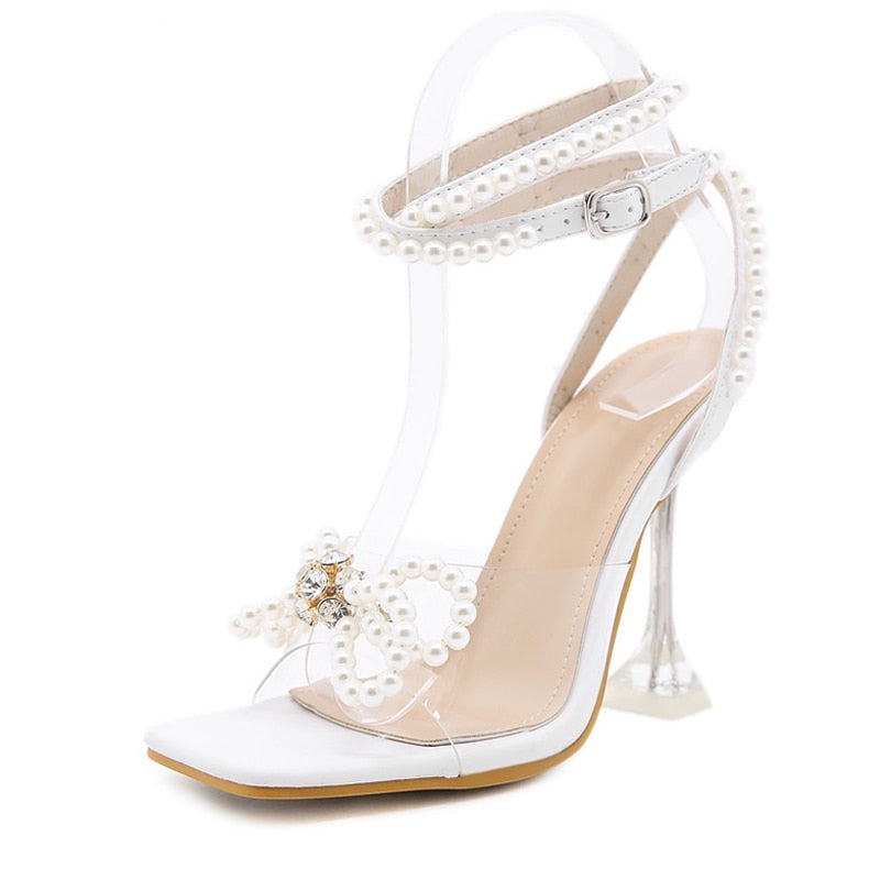 QEMD Designer Pearls Wedding Bride Women Sandals Fashion Summer Square Toe Shoes  PVC Transparent Crystal Perspex High Heels Sandales à Talons